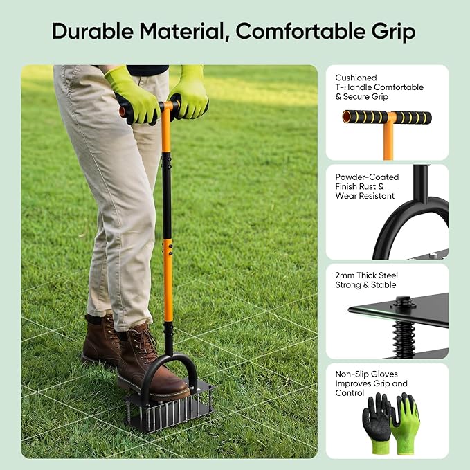 Lawn Aerator Manual Aerator Lawn Tool with 16 Spikes, Metal Grass Aerator for Yard, Lawn Aeration, Automatic Soil Ejection, Pre-Assembled Lawn Aerator Tool (Black Orange)