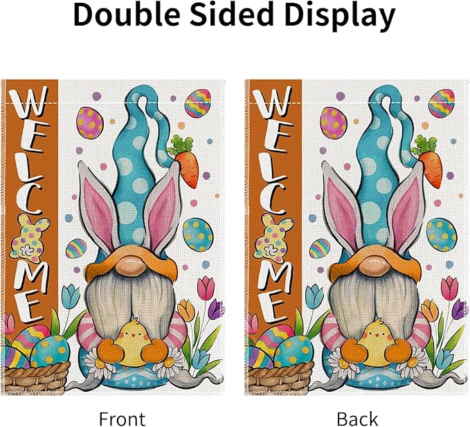 12x18 Inch Easter Garden Flag Double Sided, Bunny Gnomes Yard Flag for Outdoor Decoration