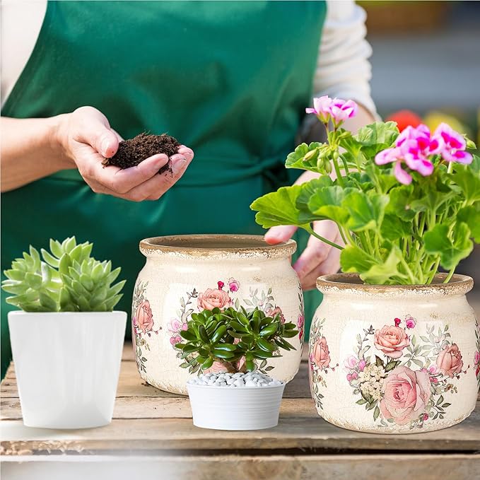 7.7" Large Ceramic Plant Pot Beige Pink Vintage Rose Crackle Glaze Rustic Flowers Pot Decorative Planter with Drainage for Indoor Outdoor Plants Home Kitchen Office Decor Gift