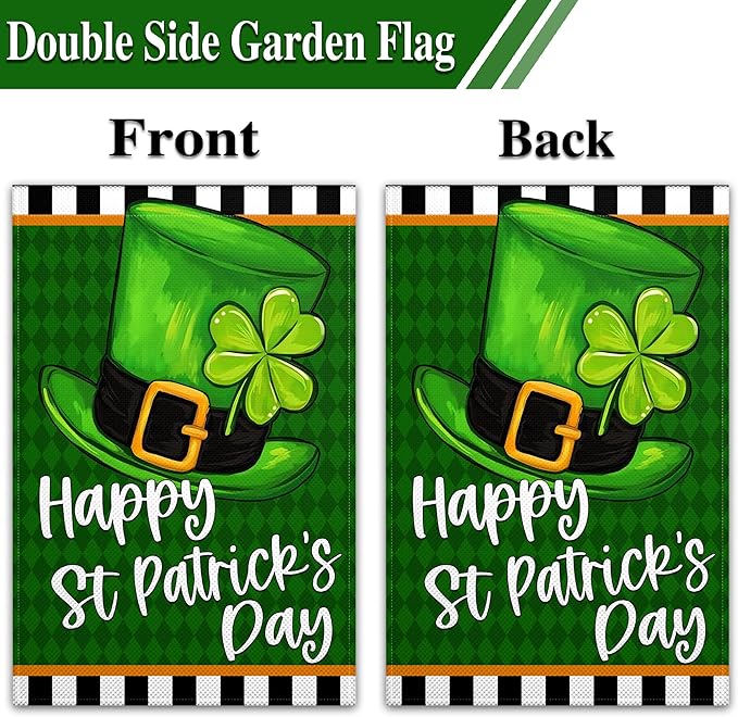 Happy St Patricks Day Garden Flag 12x18 Inch Shamrock Top Hat Garden Flag for Outdoor Indoor House Outside Yard Green Shamrock Holiday Signs Decorations