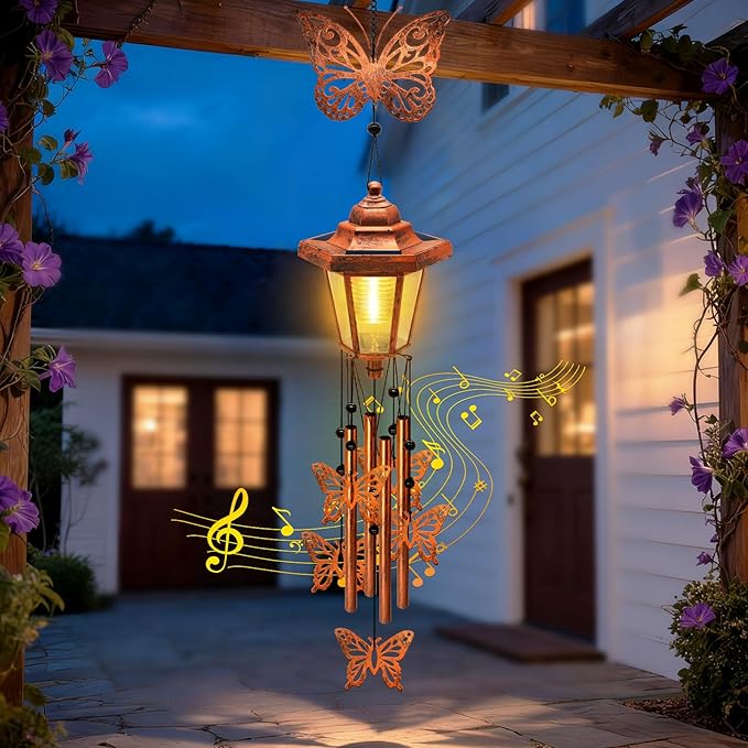 Large Solar Butterfly Wind Chimes with Wind Catcher/Solar Decor Light to Create a Zen Atmosphere Suitable for Outdoor, Garden, Patio Decor Classic Bronze Wind Chimes as A Memorial Gift for Unisex