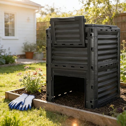 F2C Compost Bin 80 Gallon,Includes Gloves, Large Compost Bin w/Top Flip Latch-on Lid, Bottom Exit Door Aerating Outdoor Garden Compost Box,BPA Free Material for Backyard Outdoor, Black
