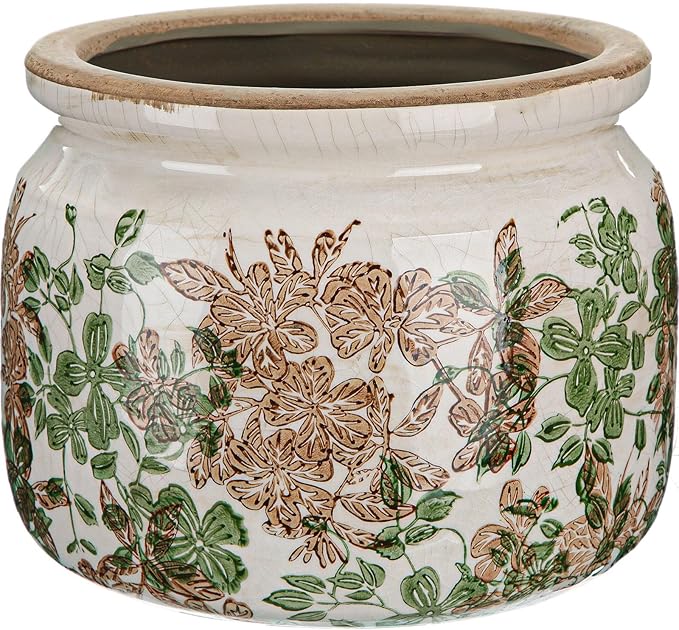 7.7" Large Ceramic Plant Pot Pink Green Vintage Hibiscus Crackle Glaze Rustic Flowers Pot Decorative Planter with Drainage for Indoor Outdoor Plants Home Kitchen Office Decor Gift
