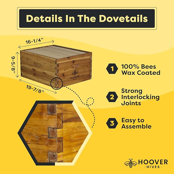 Hoover Hives: The Original Beeswax Coated Beehive Kit. Includes 2 Deep & 1 Medium Boxes with 10 Wooden Frames & Heavy Wax Coated Foundations. Easy Assembly with Predrilled Holes& Screws (Unassembled)