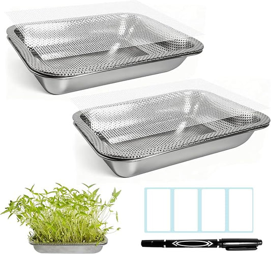 2 Pack Stainless Steel Seed Sprouter Trays, 2-Tier Soil-Free Microgreens Growing Kit, Rust-Free Sprouting Tray with Mesh Pads for Sprouts Beans Alfalfa Wheatgrass