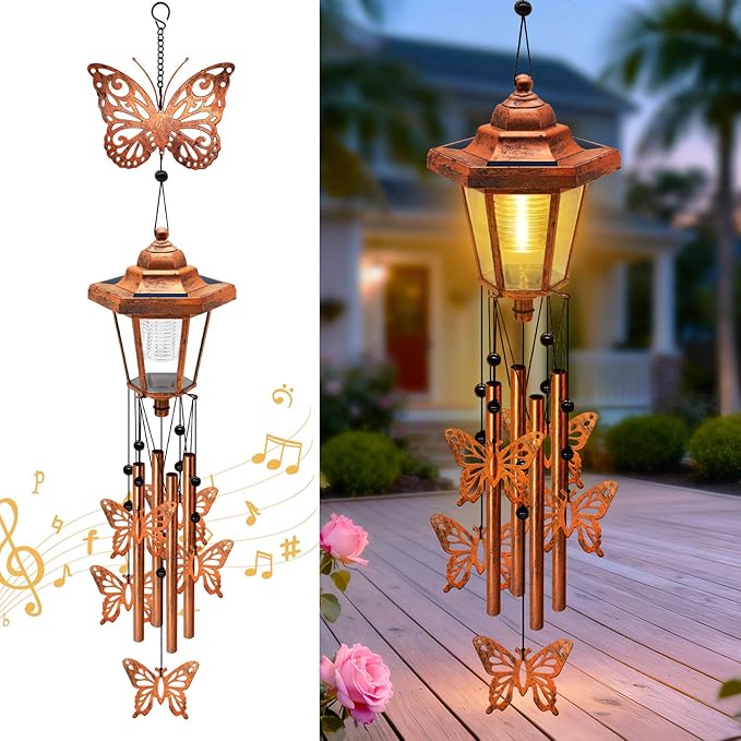 Large Solar Butterfly Wind Chimes with Wind Catcher/Solar Decor Light to Create a Zen Atmosphere Suitable for Outdoor, Garden, Patio Decor Classic Bronze Wind Chimes as A Memorial Gift for Unisex