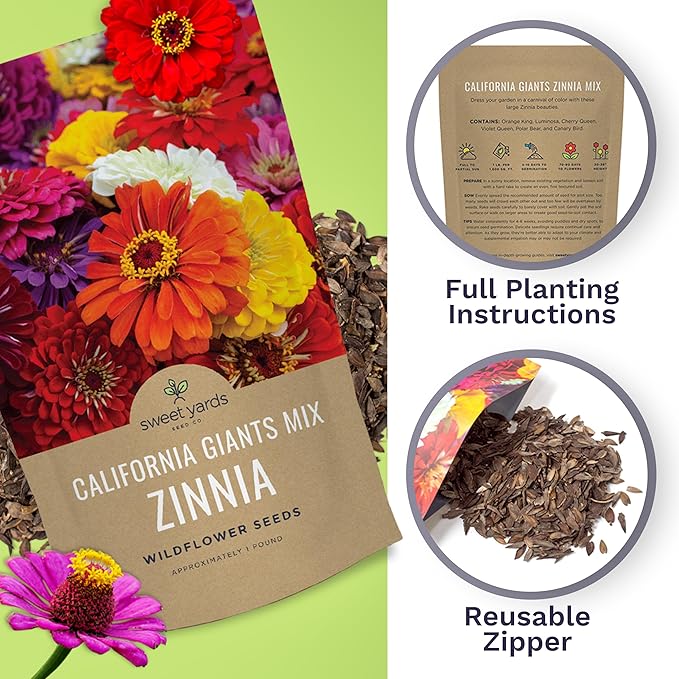 Bulk Zinnia Seeds - California Giants Mix - 5 Pounds - Over 240,000 Flower Seeds - Mixed Colors and Large Blooms