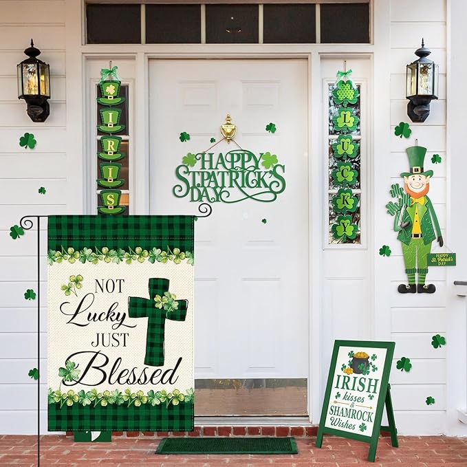 AVOIN colorlife Lucky Clover St Patricks Day Garden Flag Vertical Double Sided, Buffalo Plaid Rustic Farmhouse Shamrock Yard Outdoor Decoration 12 x 18 Inch, Green