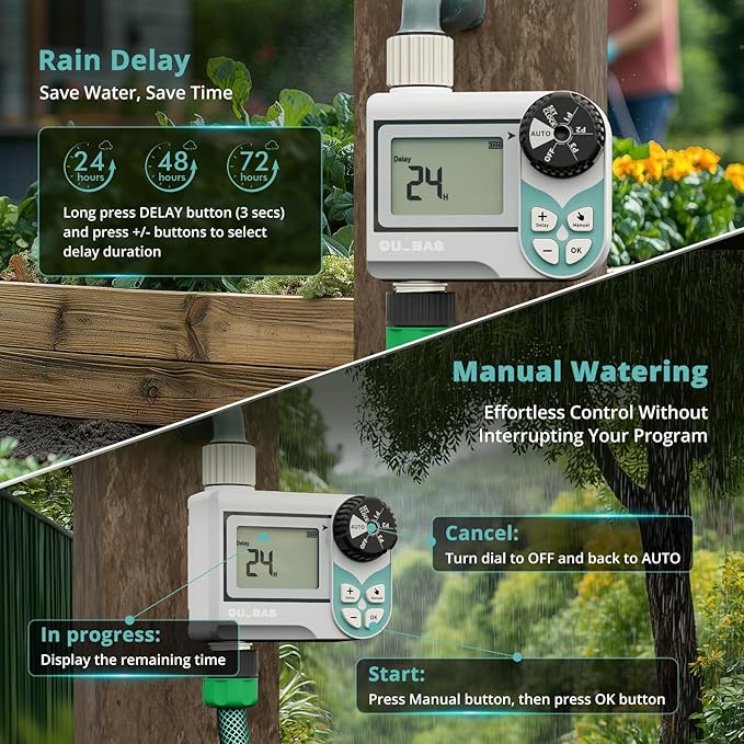 QUOBAS Low Pressure Water Timer, Weekly Programmable Sprinkler Timer with Brass Inlet & Outlet for Rain Barrel, Garden Hose, with Ball Valve & Waterproof Screen, Rain Delay/Manual/Auto Modes