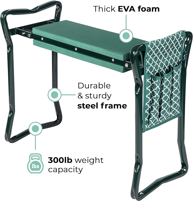 Garden Kneeler And Seat - Protects Your Knees, Clothes From Dirt & Grass Stains - Foldable Stool For Ease Of Storage - EVA Foam Pad - Sturdy and Lightweight - Bench Comes With A Free Tool Pouch!