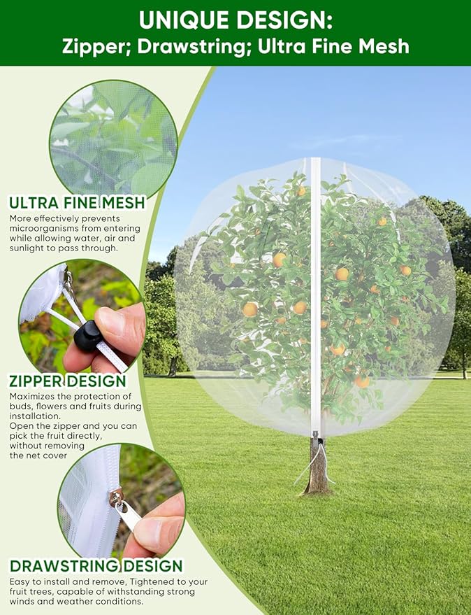 Fruit Tree Netting for Cicadas - with Zipper 2 Pcs 6 x 5.3FT Garden Bird Netting for Blueberry Bushes with Drawstring,Insect Plant Protection Mesh Net Bags for Tomato,Cicada,Animals (2, 5.3 x 6 FT)
