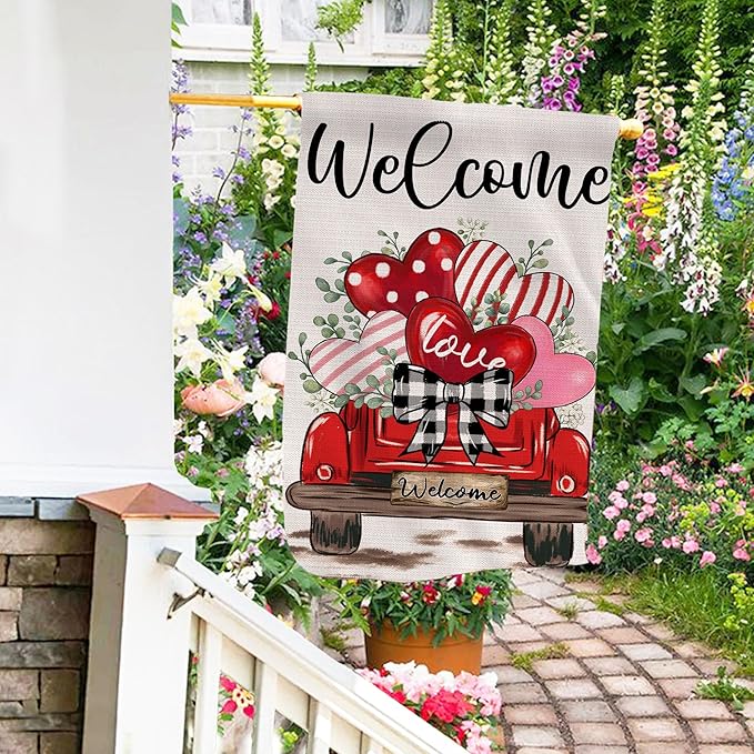 Valentines Day Flag, Valentine's Day Outdoor Decor Love Hearts Truck Yard Flag 28x40 Double Sided Red, Valentine Decorations Burlap House Flags Rustic Welcome Outdoor Farmhouse