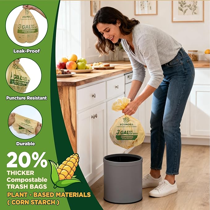 EcoMokii Compostable Trash Bags 3 Gallon, 120 Count, Extra Thick 0.8 Mil Small Compost Bags for Kitchen Countertop Bin, Unscent Food Scrap Bag Certified by BPI & OK Compost Home