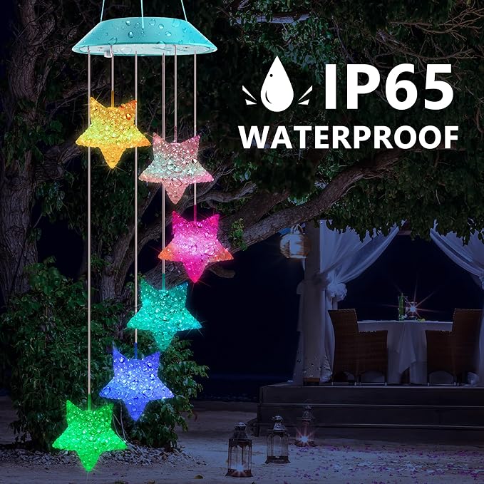 Solar Star Gift for Mom Grandma Girls, Color Changing Solar Wind Chimes for Outside, LED Outdoor Decorative Mobile Lights for Garden, Yard, Patio, Window, Party, Outdoor Decorations