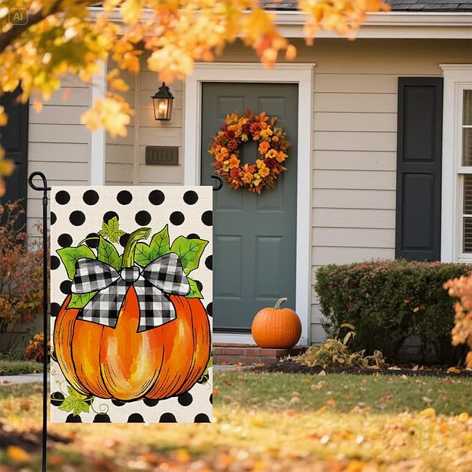 Hello Fall Pumpkin Garden Flag 12x18 Inch, Double Sided Autumn Thanksgiving Holiday Burlap Yard Flag for Outdoor Decoration