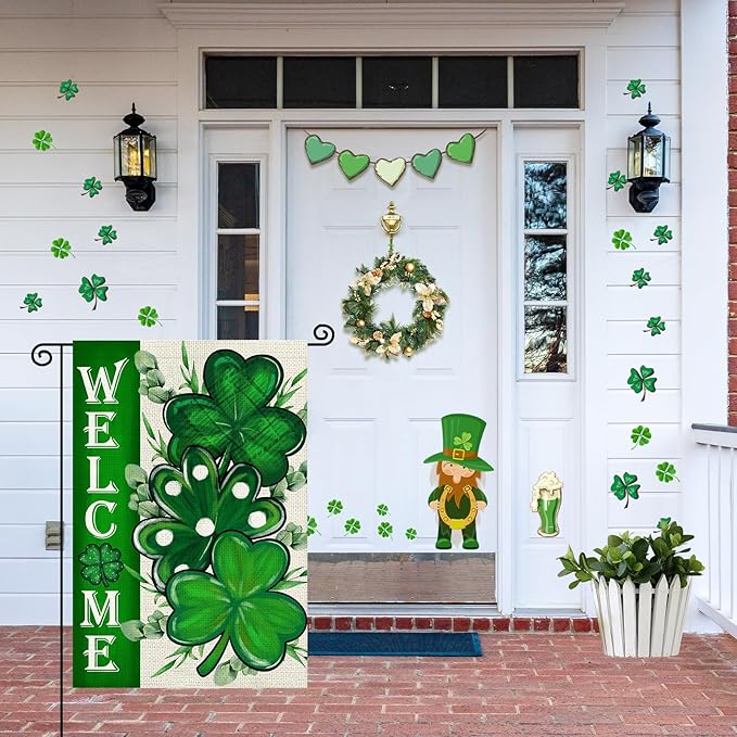 St Patricks Day Shamrocks Garden Flag 12x18 Inch, Double Sided Green Clovers Welcome Flag for Yard Outdoor Decoration
