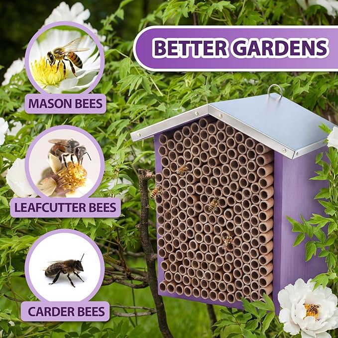 Vicenpal Mason Bee House with Tubes Native Bee Boxes Hive Wooden, Pollinator House Waterproof, Wax Coated Tall Insect Hotel, Butterfly, Ladybirds, Beneficial Insect Habitat, Bug Hotel Garden