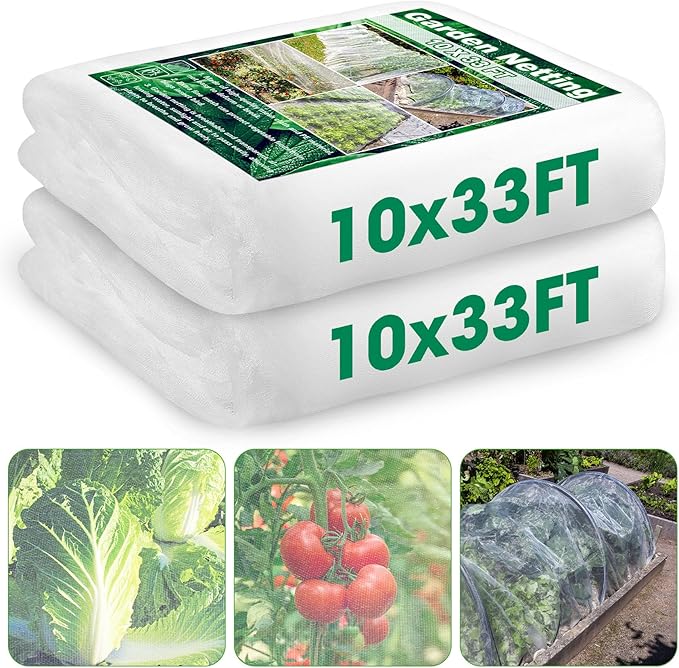 Unves 2 Pack 10 x 33 FT Garden Netting, Mosquito Net Ultra Mesh for Garden Protection Vegetable Fruits, Raised Bed Plant Covers Insect Bird Netting Protect Plants from Birds Bugs
