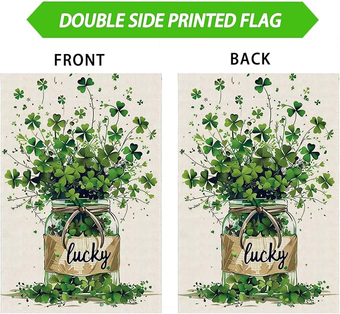 Lucky St. Patrick's Day Green Shamrocks Four-leaf Clovers Glass Bottle House Flag Large Burlap 28X40 Inch Vertical Double Sided Outside Yard Holiday Outdoor Farmhouse Decoration