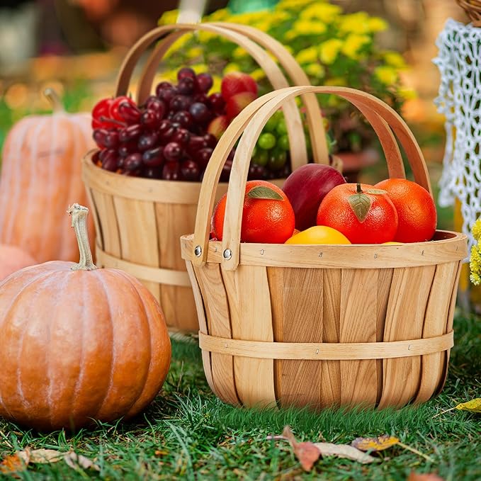 Marsui 16 Pcs Large Wooden Easter Gift Basket 11 x 6.5'' Wicker Apple Fruit Bushel Baskets with Handle for Garden Storage Organizing Farmers Personal or Commercial Use