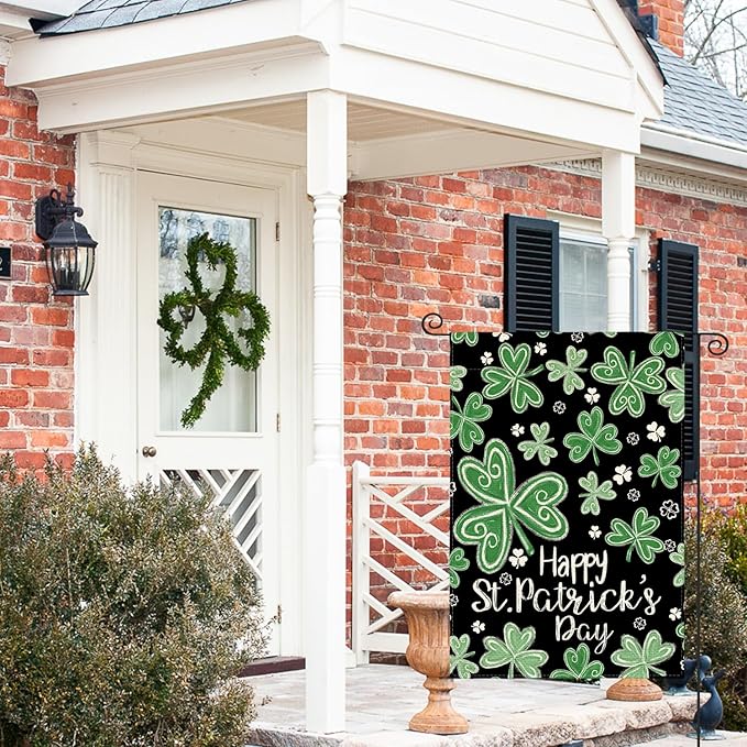 AVOIN colorlife Happy St Patricks Day Garden Flag 12x18 Inch Double Sided Outside, Shamrock Lucky Clover Floral Yard Outdoor Flag