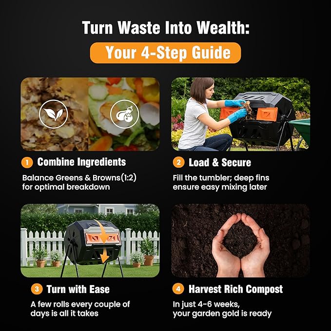 NEWBULIG Compost Bin Outdoor 43 Gallon, Dual Chamber Composter Tumbler Outdoor with Gloves, Efficient 360°Rotating Composting Bin for Patio, Lawn, Home Gardening and Landscape, Orange