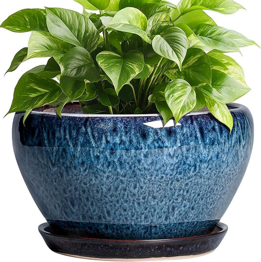Ceramic Pots for Plants - 9 Inch Plant Pot Indoor with Drainage Hole and Saucer, Ceramic Planters for Outdoor Plants, Round Modern Flower Pot, Housewarming Gifts, Home Decor, Blue