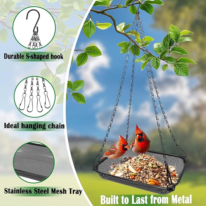 Platform Hanging Bird Feeder for Outdoors – Metal Mesh Seed Tray to Attract Wild Birds, Rectangle 12 x 8 in, Black