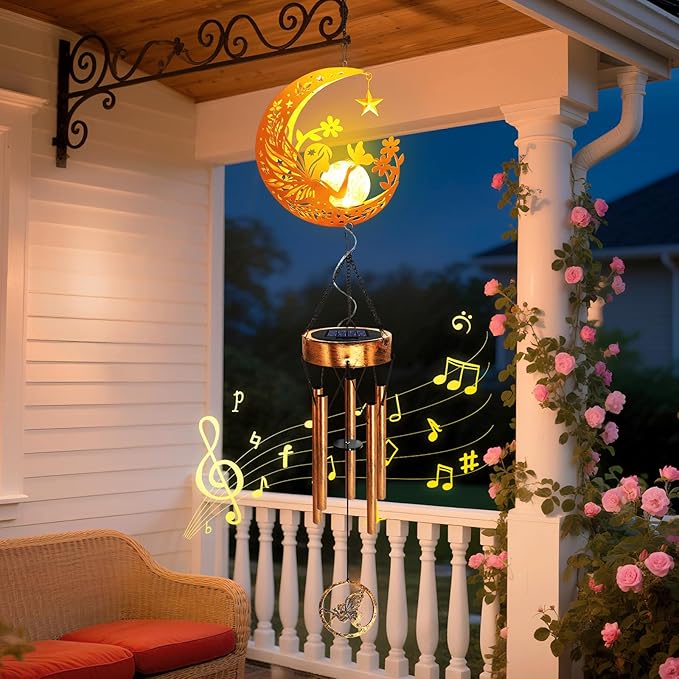 Solar Moon Fairy Wind Chimes, Moon Gifts for Mom Women Men Sympathy Festival Birthday Mothers Day, Hanging Outdoor Decor Cracked Glass Ball Memorial Large Wind Chimes for Garden Patio Porch