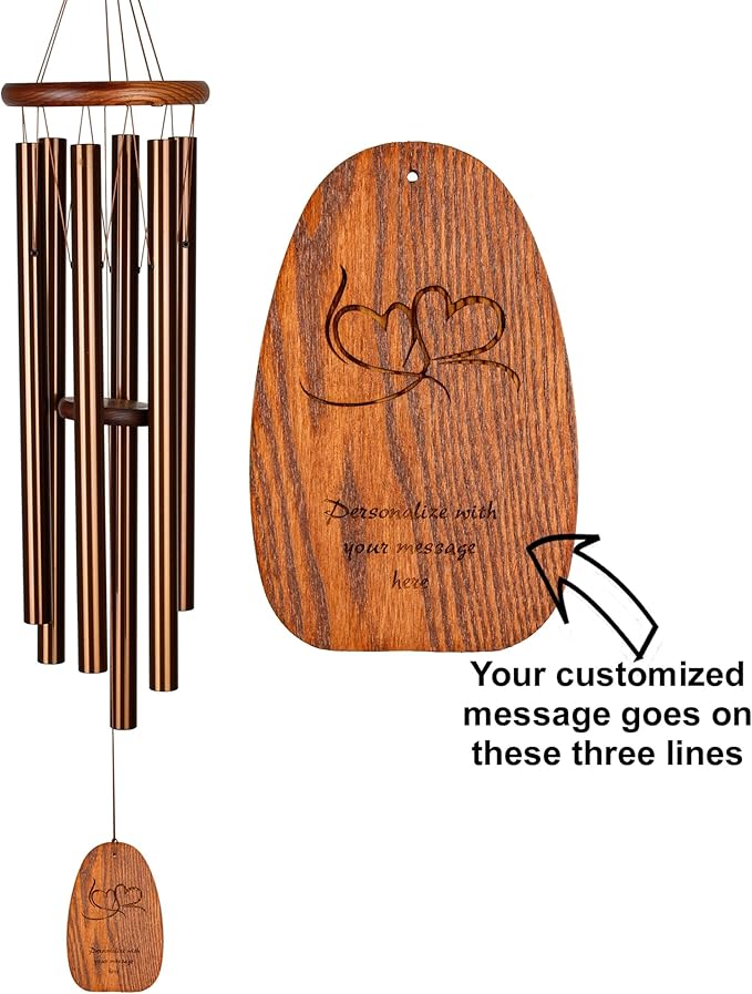 Woodstock Wind Chimes Personalized Amazing Grace Memorial Chime for Outside 40'' Large Bronze Customized Double Heart Bronze Wind Chime for Outdoor Patio Home Garden Décor & Wedding Gift (P-AGLBR15)