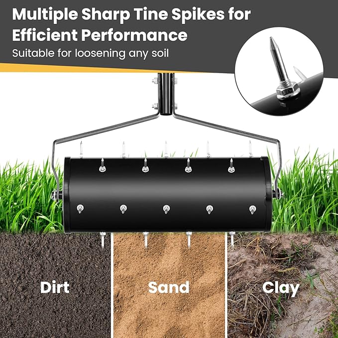 Goplus Rolling Lawn Aerator, 18-Inch Garden Yard Rotary Push Tine Filled Sand Stone, Heavy Duty Spike Soil Aeration w/Metal Handle, Fillable Drum 51" Manual Lawn Aeration Tool Garden Grass Patio Yard