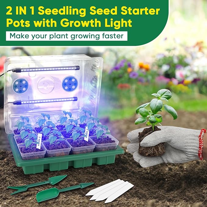 BlumWay Seed Starter Tray with Grow Light,24 Pack 2.9 inch Reuseable Clear Nursery Pots with Silicone Base/Humidity Dome for Deep-Rooted Seedlings,Adjustable Timed Light Plant Starter Set