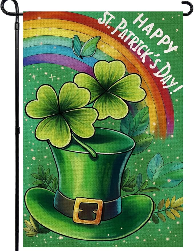 Happy St Patricks Day Garden Flag 12x18 Inch, Green Hat with Four-leaf Clover Double Sided Flag for Yard Outdoor Decoration