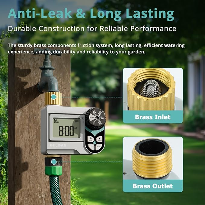 QUOBAS Ball Valve Sprinkler Timer, Programmable Water Timer for Garden Hose Faucet with Brass Ports, Rain Delay/Manual/Automatic Irrigation System, Zero Water Pressure Watering Compatible Rain Barrel