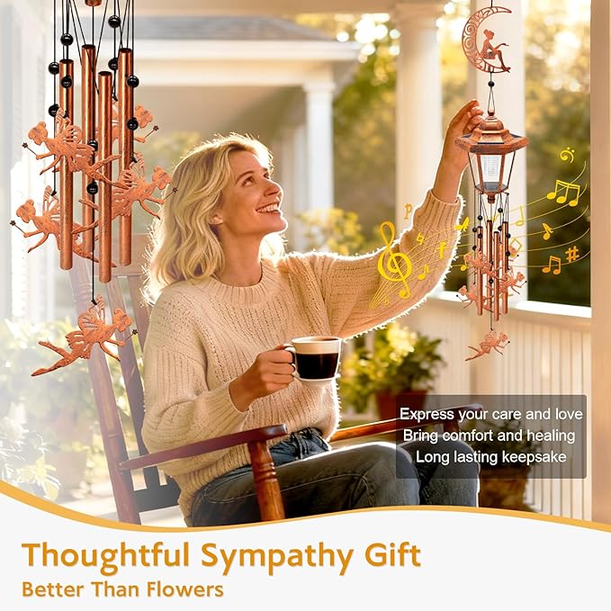 Large Solar Moon Fairy Wind Chimes with Wind Catcher/Solar Decor Light to Create a Zen Atmosphere Suitable for Outdoor, Garden, Patio Decor Classic Bronze Wind Chimes as A Memorial Gift for Unisex