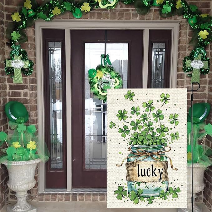 St Patricks Day Garden Flags for Outside, Irish Green Hat Lucky Shamrocks Yard Decoration, Small Seasonal Outdoor Decor for Farmhouse Holiday,12x18 Inch Double Sided