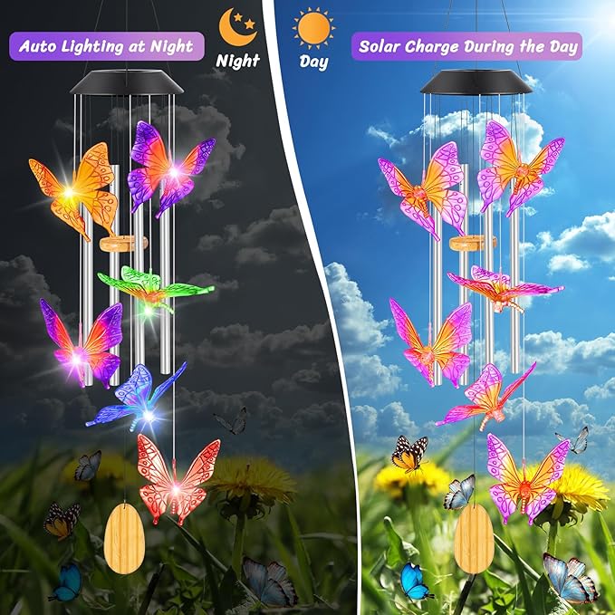Womens Gifts for Christmas Wind Chimes Gift for Mom Birthday Gifts for Women Mom Butterfly Wind Chimes for Outside Gift for Grandma Solar Lights Garden Outdoor House Patio Décor