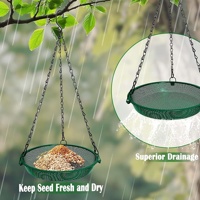 Platform Hanging Bird Feeder for Outdoors – Metal Mesh Seed Tray to Attract Wild Birds, Round 9 in, Green