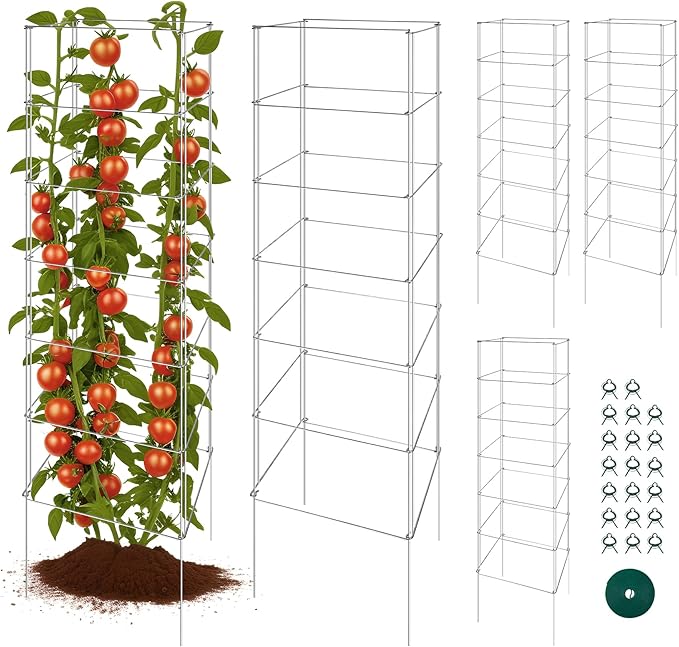 Metal Foldable Tomato Cages 13" x 56", Square Tomato Cages Plant Support for Vegetable Garden, Heavy Duty Tall Tomato Cages for Beans, Tomatos, Cucumbers - 5 Pack