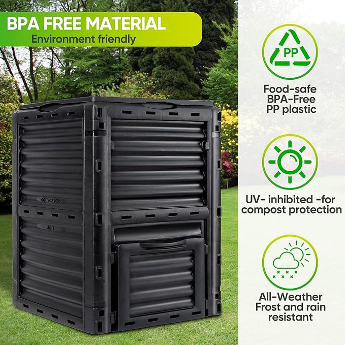 SUPER DEAL 80 Gallon Compost Bin, Outdoor 300 L Garden Composter, Large Capacity BPA Free Material for Fast Creation of Fertile Soil, Easy to Assemble, Black (Black, 80 Gallon)