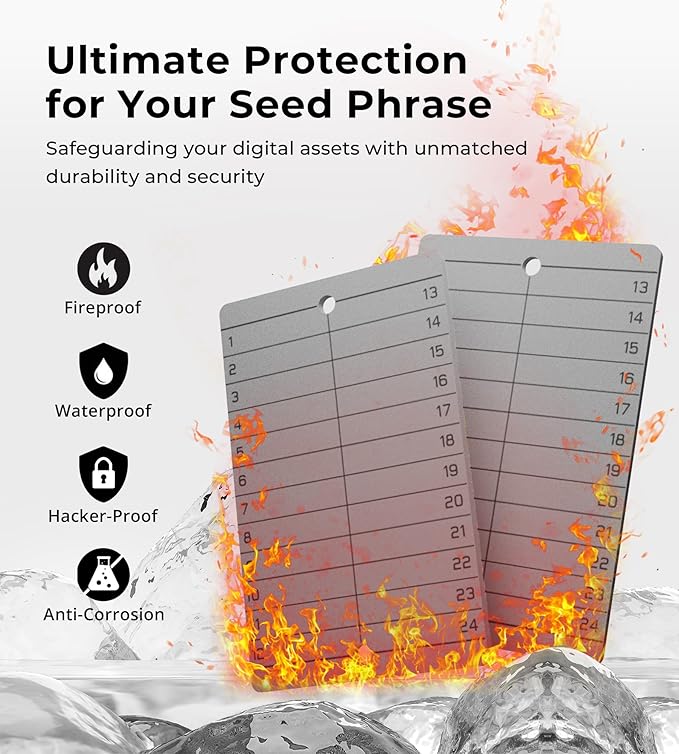 Crypto Seed Phrase Storage Set - CREVIK 2 Pcs Titanium Seed Phrase Plate Set - Offline Cold Wallet for Bitcoin Ethereum for 12-24 Words BIP39 Compatible Wallets (Ledger, Trezor, Metamask & More)