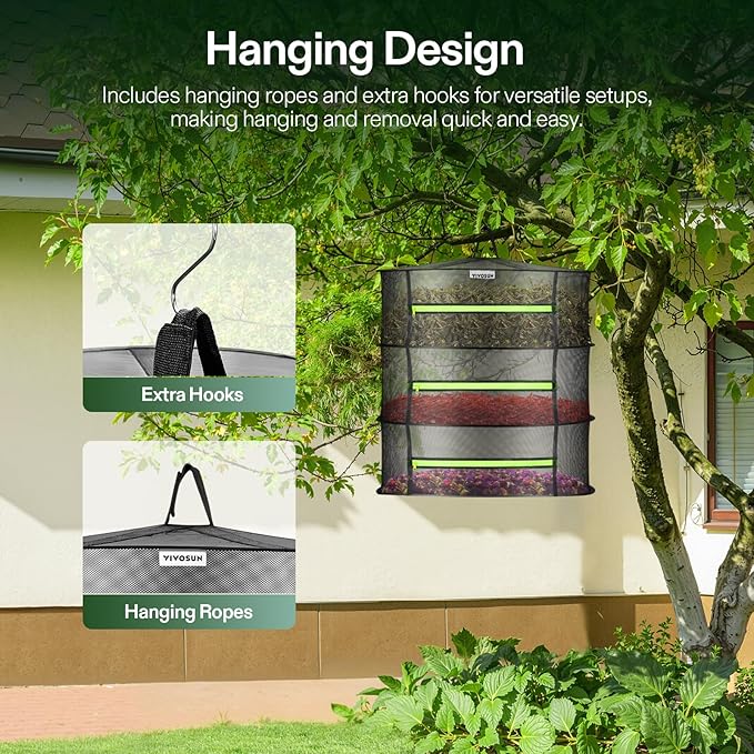 VIVOSUN 3-Layer Mesh Drying Rack Hanging Design with Green Zippers for Dehydrating, Indoor and Outdoor Pruning Shears Included (Pack of 2)