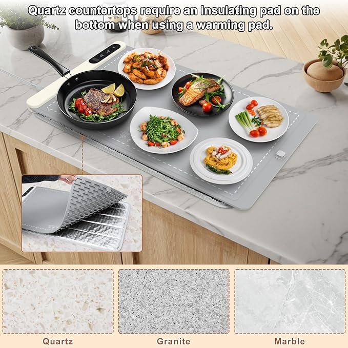 FYY Warming Mat for Food - Rapid and Full Surface Heating, 6 Temp Settings, 6H Timer, Rollable Portable Food Warming Mat, Ideal for Gatherings, Parties, Keep Meal Warm (X Large Size, Gray)