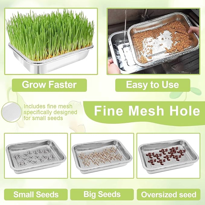 Stainless Steel Sprouts Growing Kit 2-Tier 10.4 inch Trays, Microgreens Growing Kit, Seed Sprouting Tray with Encrypted Mesh Sprouts for Beans Alfalfa Broccoli Wheat Grass