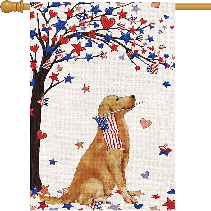 Louise Maelys 4th of July Garden Flag 28x40 Double Sided, Small Burlap Welcome Patriotic Golden Retriever Dog Yard House for Memorial Veterans Independence Day Outdoor Decor