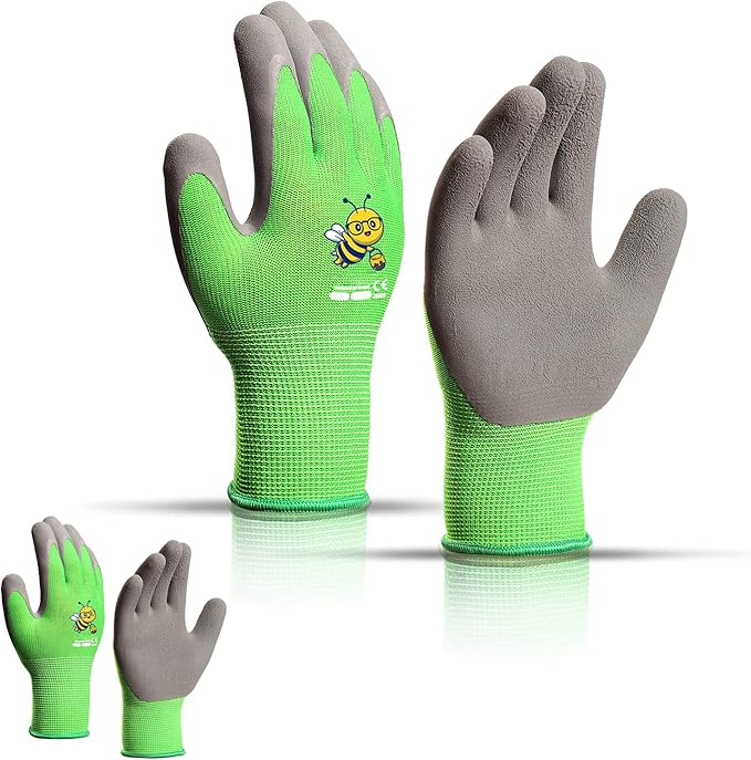 Ages 8-10 Kids Gardening Gloves,Yard Work Gloves for Toddlers, Youth, Girls, Boys, Childrens, Soft Safety Rubber Gloves (XS Age 8-10, 2 Pairs Green Bee)
