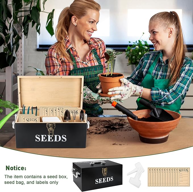 Coolrunner Wood Seed Saving Box, Seed Storage Organizer Case, Seed Packet Storage Organizer with Lock and 3 Handles, 30P Plant Labels, 30P Seeding Envelopes Bag (Black)