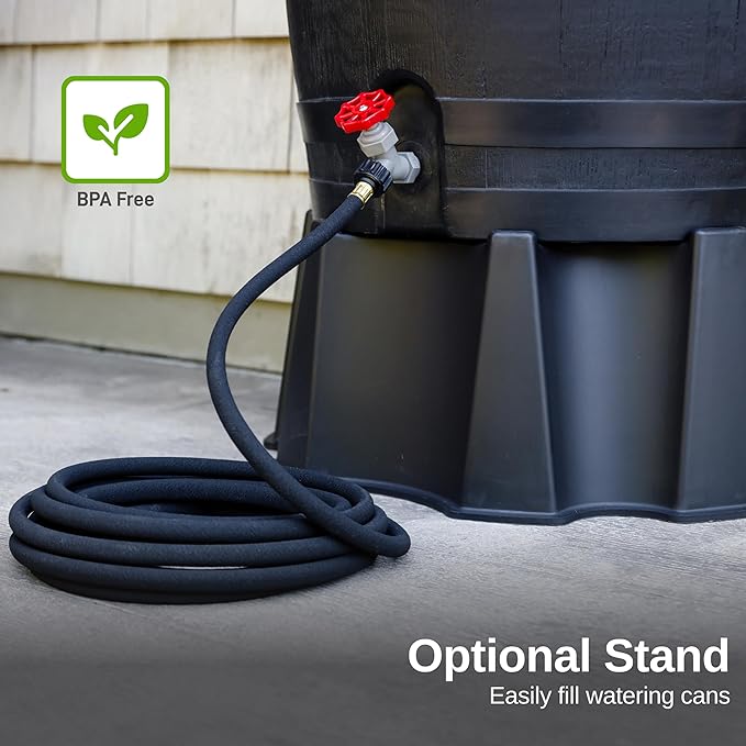 RTS Home Accents 50-Gallon ECO Rain Barrel Made with 100% Recycled Plastic, Flat Back Rain Water Collection Barrel, Soaker Hose Included, Black