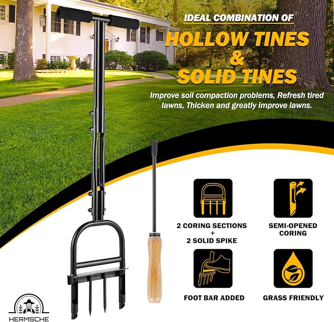 Lawn Aerator Coring Tool, Manual Plug Core Aerators with Cleaning Stick, 2 Half-Open Hollow Slot Tines and 2 Spike Heavy Duty Grass Aeration Tool for Soils Yard Garden