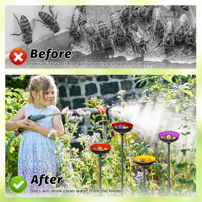4 Pack Bee Watering Station for Garden, MeyRolizn Outdoors Metal Bee Butterfly Feeder with Glass Marbles, Butterfly Bath Insects Water Bowl for Yard Patio Decor Oval Style
